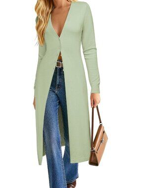 Women's Light Green Casual Fashion Lightweight V Neck Button Up Cardigan Sweater